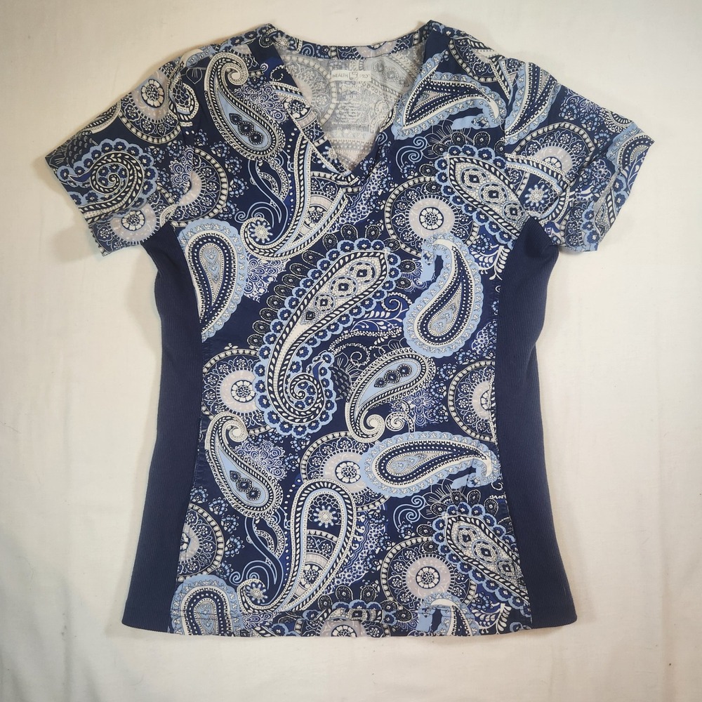 Health Pro Blue Paisley Stretch Scrub Top V-Neck Ribbed Side Panels XS Medical